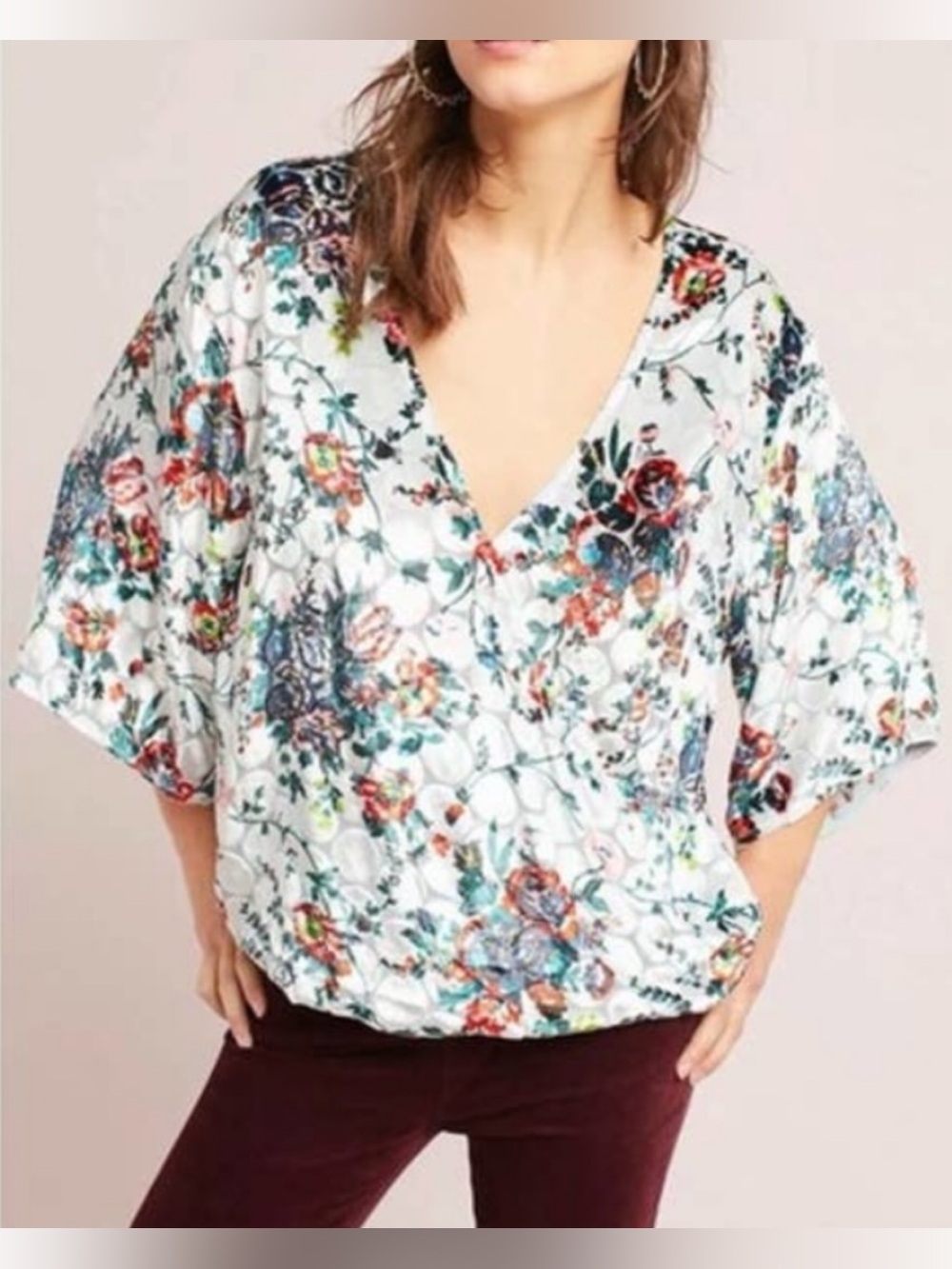 Anthropologie Maeve Umi Wrap Top Size Medium Floral Velvet Burnout Kimono Sleeve